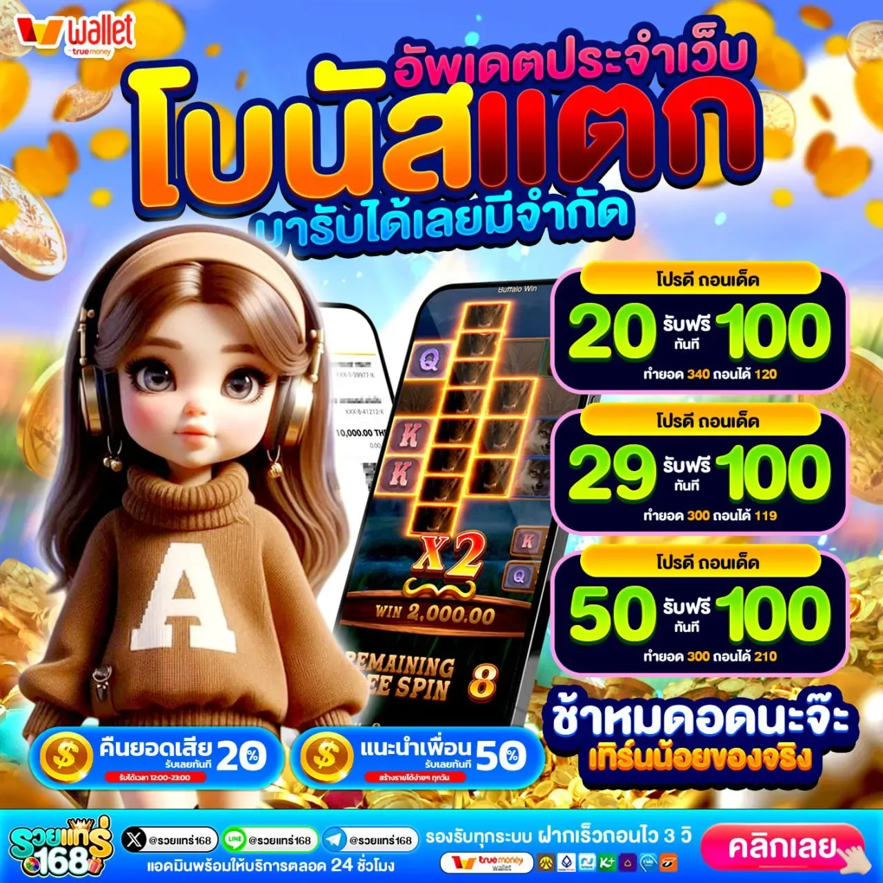 รวย แท ร่ 168 โบนัสแตก 20 รับฟรี 100